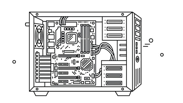 Detailed line art drawing of internal computer components showing motherboard cpu ram and wires inside a desktop case.