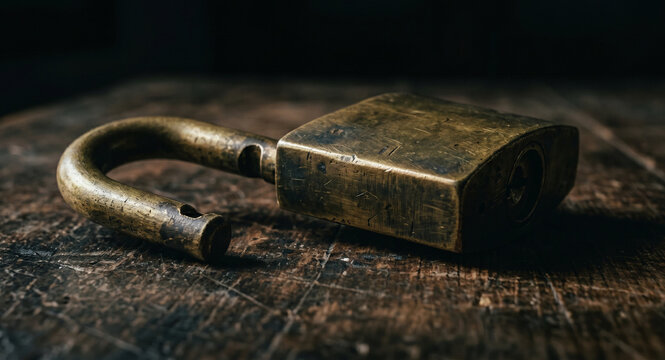 Classic old style brass padlock opened on weathered dark brown background