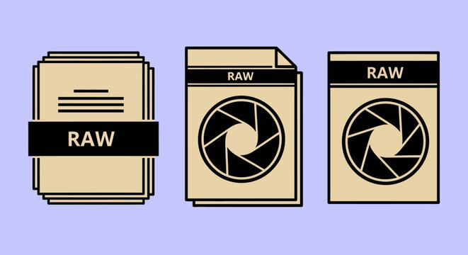 Iconic representation of RAW image files, showcasing their raw data format with a lens aperture symbol, symbolizing unprocessed visual information