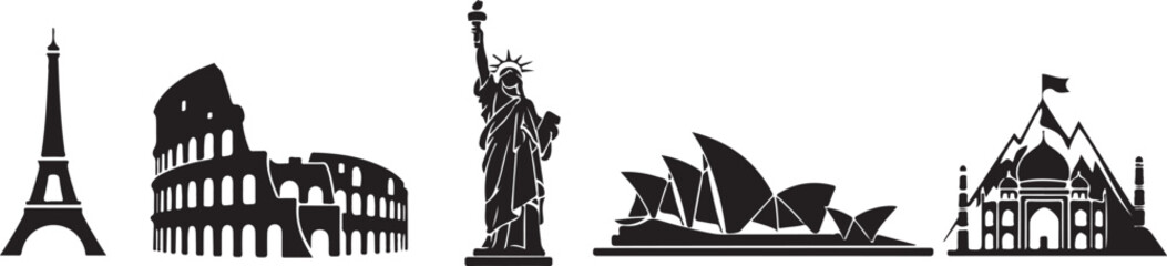 Monochrome silhouettes of famous landmarks from around the world on white background © Anamul