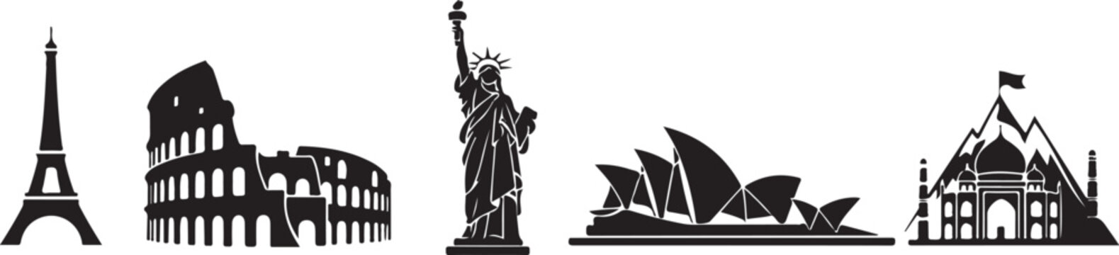 Monochrome silhouettes of famous landmarks from around the world on white background