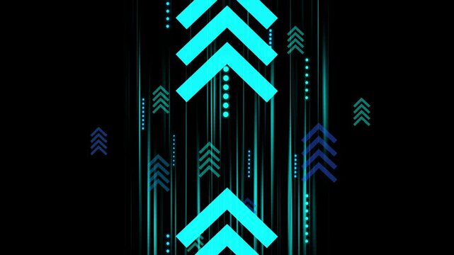 Abstract digital background with upward turquoise chevron arrows and vertical light streaks animation