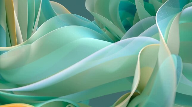 Abstract wave background with flowing mint, teal, and gold ribbon form, smooth layered curve, soft light texture, digital wave background with soft teal, mint, aqua, and yellow folded ribbon shapes