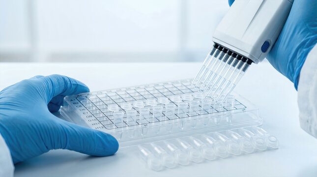 Laboratory technician in blue gloves uses a pipette to transfer liquid into a 96-well plate on a clean white surface in a medical research facility