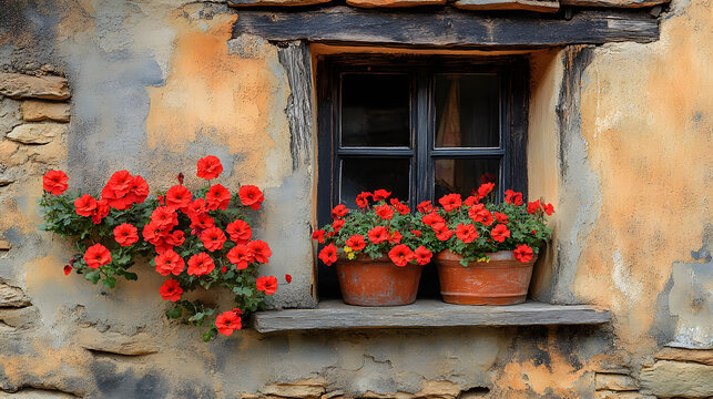 Vibrant red geranium flowers blooming in clay pots placed on a rustic stone windowsill