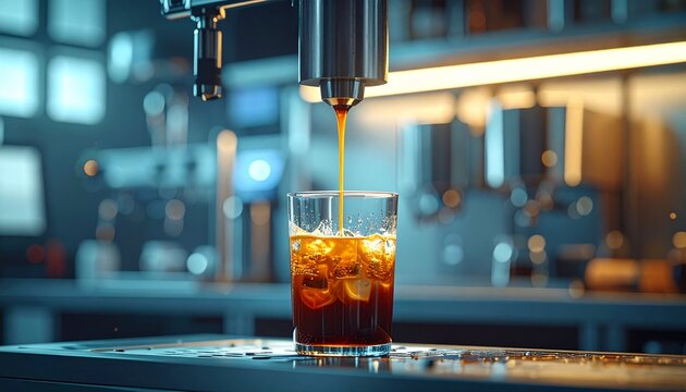 Cold brew coffee dripping into glass with ice in modern caf&eacute; setting