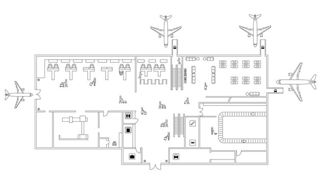 Top view airport terminal floor plan with airplanes, passengers, waiting lounge and boarding areas, architectural blueprint style in clean minimal line vector illustration on transparent background