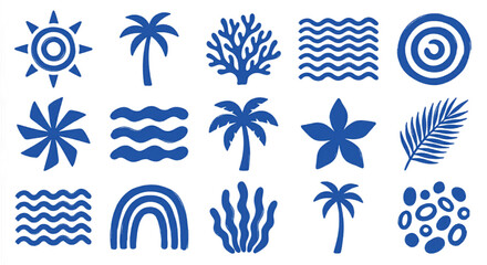 Tropical beach icons set in blue linocut style, 15 summer vacation vector elements, nautical sea life and palm tree illustrations for travel branding © Farah-Studio