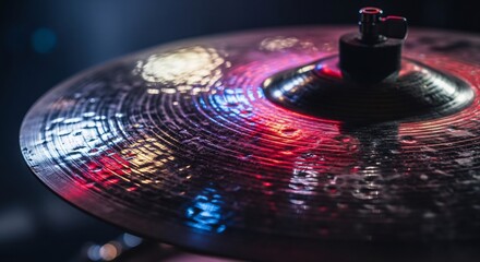 Obraz premium Close-up of a Drum Cymbal with Colorful Stage Lights Reflected.