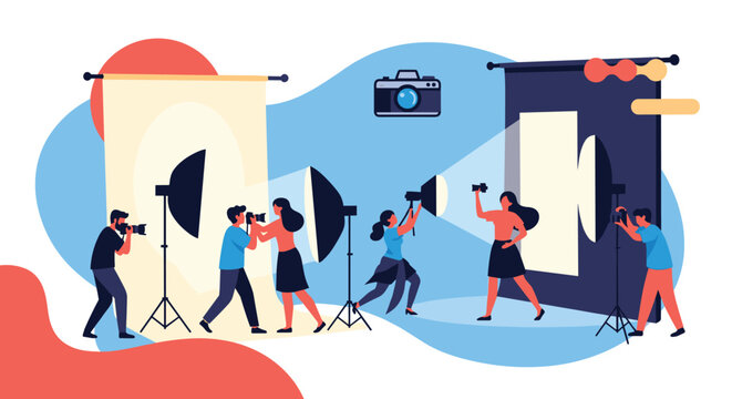Group of photographers in a studio setting capturing models with various lighting setups and backdrops in a flat illustration style.