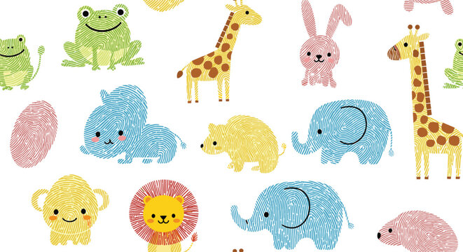 Seamless pattern design for kids featuring cute animals made from fingerprint patterns including lions, elephants, and giraffes.