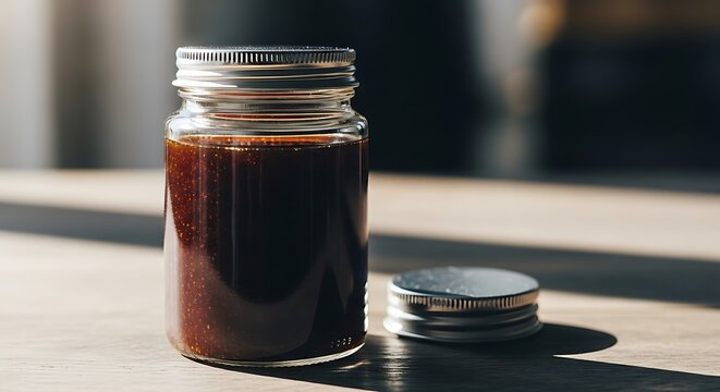 Cold brew coffee in mason jar with lid natural light