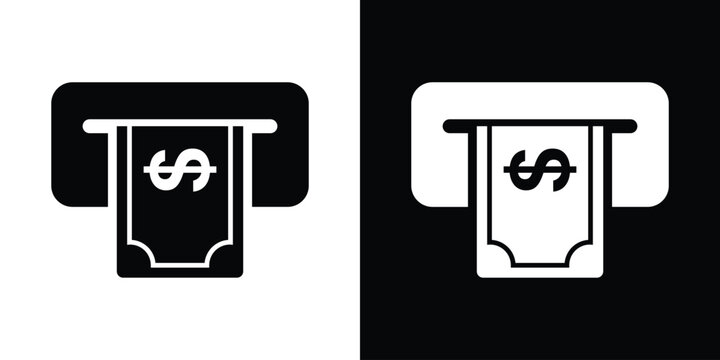 ATM cash withdrawal slot icon. Flat vector illustration of dollar banknote dispensing, automated teller machine, banking transaction. Minimalist black and white design.
