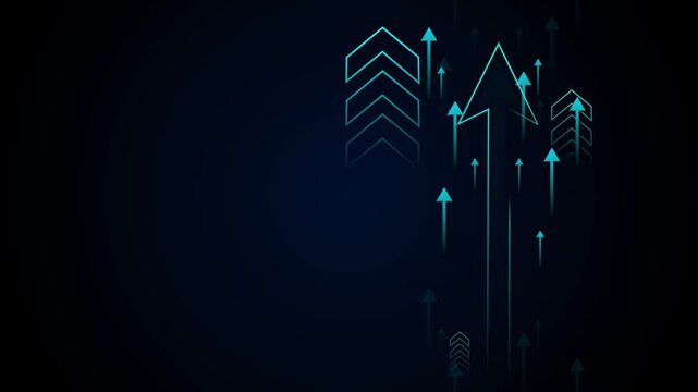 Dark background with neon upward arrows forming a dynamic growth concept animation