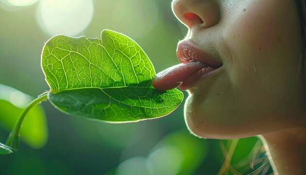 Fresh green wood sorrel leaf being tasted on tongue in close-up macro view with natural light