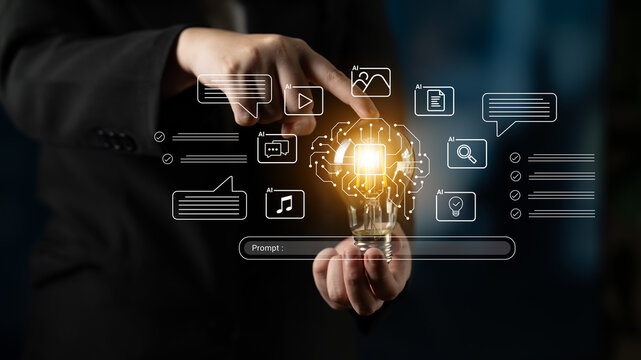 A business professional points to a light bulb glowing with digital icons, symbolizing innovation and creativity in a modern workspace, emphasizing technology and idea generation. Cyphers