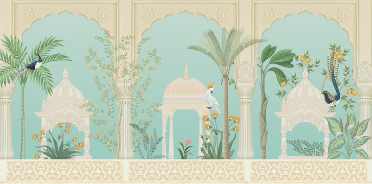 Mughal garden arch, plant, peacock illustration for wallpaper. Traditional garden wallpaper design vector illustration
