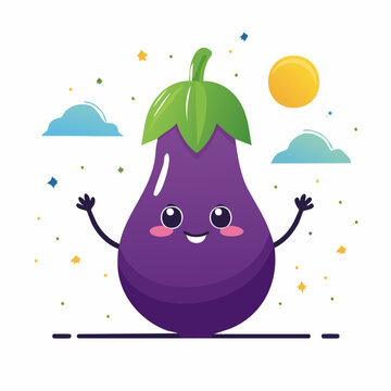 Cute Cartoon Eggplant Character Waving
