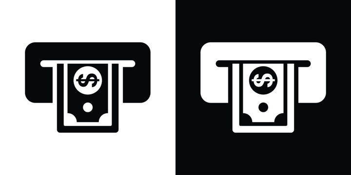 ATM cash withdrawal slot icon. Flat vector illustration of dollar banknote dispensing, automated teller machine, banking transaction. Minimalist black and white design.