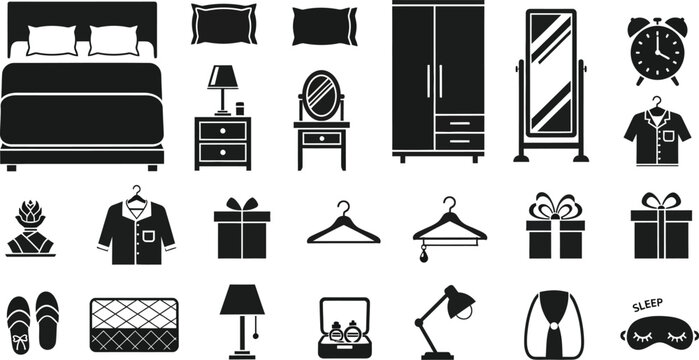 Bedroom furniture and sleep accessories icon set featuring bed wardrobe mirror lamp and pajamas in flat style