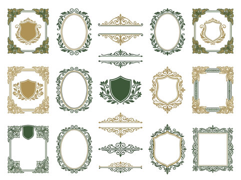 Elegant collection of luxury vintage monogram frames, decorative borders, and heraldic shields with intricate scrollwork