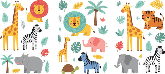 Cute safari animal cartoon vector illustration set featuring lion giraffe zebra elephant tiger hippo and jungle wildlife collection © Yevhenii creative