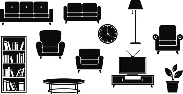 Living room furniture icons set featuring sofa armchair bookshelf television lamp and coffee table vector illustration