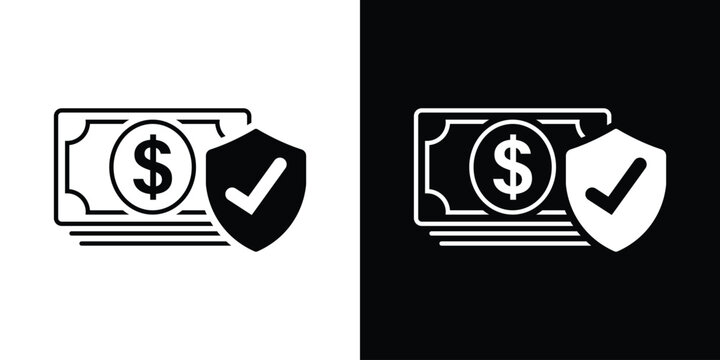 Stack of money with shield and checkmark icon. Flat vector illustration of secure payment, financial protection, safe savings, or insurance. Minimalist black and white design.