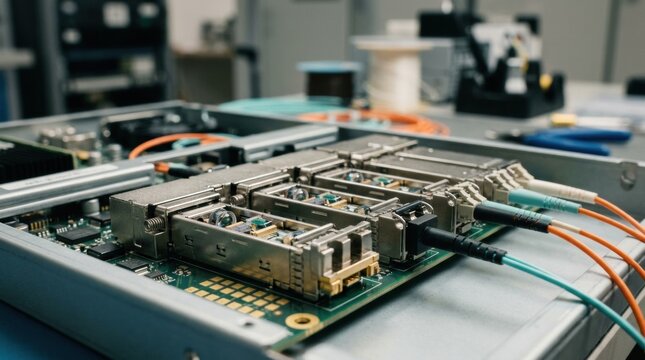 Medium shot of multimode fiberoptic transceiver module assembly highlighting careful integration of optics into metal cages optimized for shortrange highbandwidth communication.