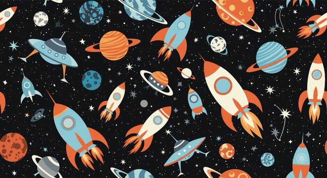 Fun seamless pattern of outer space featuring colorful rockets, flying saucers, various planets, and twinkling stars on a dark background.