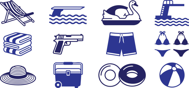 Summer recreation and pool accessories vector icons with deck chair lounge chair sun lounger diving board swan boat swimming pool diving platform high dive