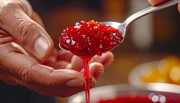 Hands pouring red berry jam onto spoon in kitchen close-up macro shot