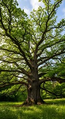 Fototapeta premium Majestic Old Oak Tree Standing in Sunlit Green Forest Meadow