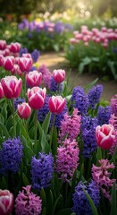 Obraz premium Colorful Tulip and Hyacinth Flowers Blooming in Sunlit Spring Garden