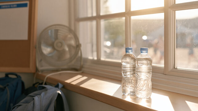 Sunlit classroom window with water bottle and electric fan for heat action plan