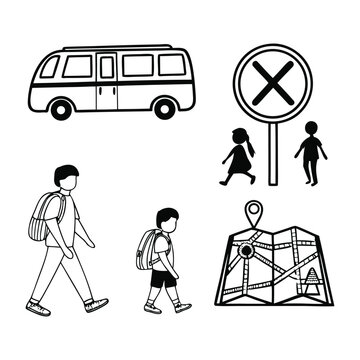 Children and adults travelling and exploring outdoors with a map and a bus in a park setting