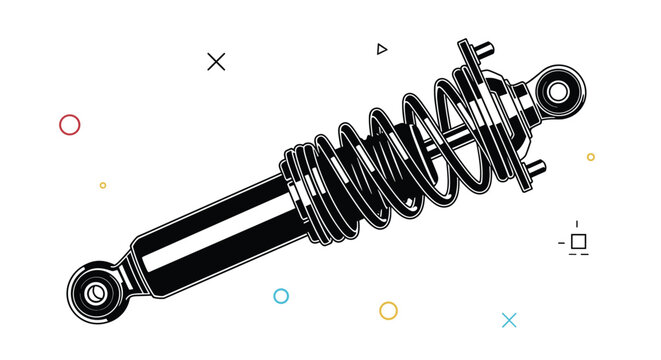 Technical drawing of a motorcycle or car shock absorber with a visible coil spring on a white background with abstract shapes.