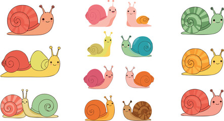 Cute snail cartoon vector illustration set featuring colorful kawaii garden snail characters isolated nature collection © Yevhenii creative