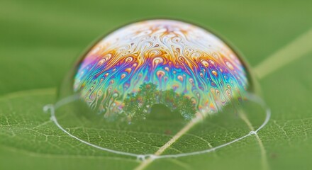 Fototapeta premium Macro View of a Rainbow Bubble on a Green Leaf.