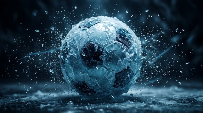 Frozen football shattering into ice shards, illustrating a powerful and dynamic sports concept