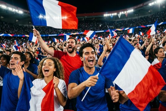 France fans celebrating in stadium with tricolor flags during football match