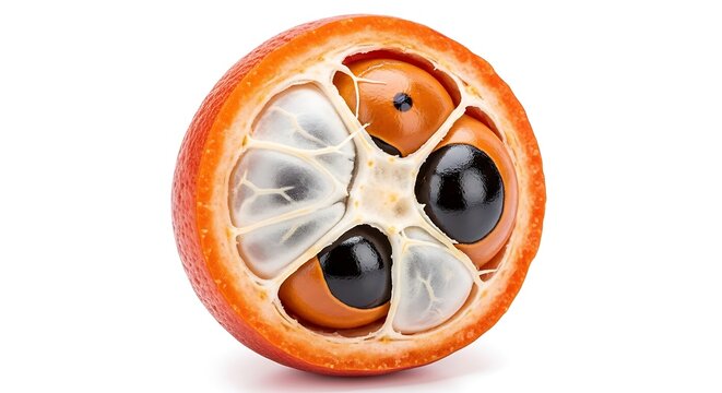 Sapodilla fruit cross section with seeds isolated on white background