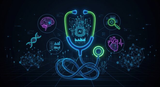 Artificial intelligence in medicine concept with digital stethoscope icon