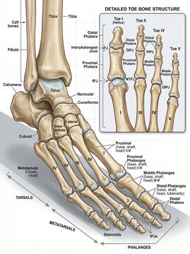 Anatomical chart of foot bones: Tarsals, metatarsals, and phalanges.