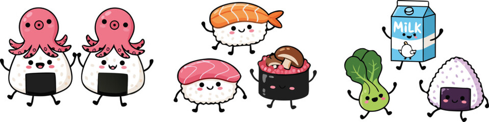 Cute sushi and octopus cartoon vector illustration set featuring kawaii Japanese food characters isolated collection © Yevhenii creative