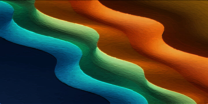 Abstract topographic background with multi-layered wavy curves in blue, teal, green, and vibrant orange with a grainy texture