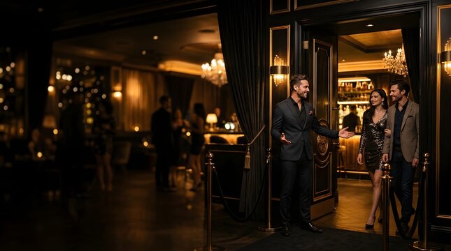 Elegant host welcoming a couple into a luxury lounge bar at night.