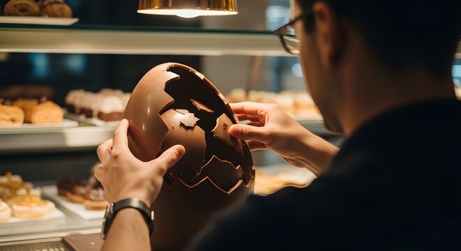Confectioner Carefully Assembling a Large Chocolate Easter Egg.