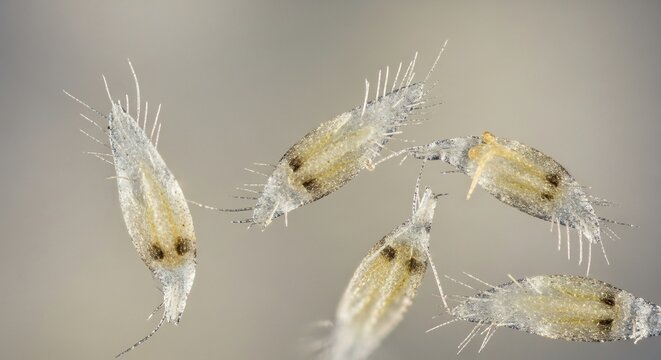 Microscopic View of Five Copepods Swimming in Water.