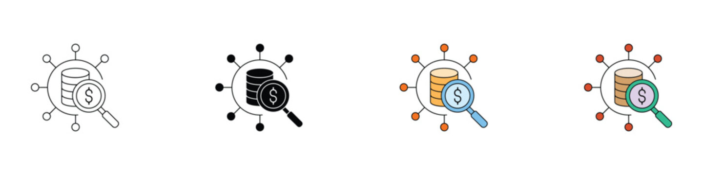 Financial data audit and money analysis icons. Vector illustration of coin stacks under magnifying glass with digital network nodes representing cash flow tracking or budget research.